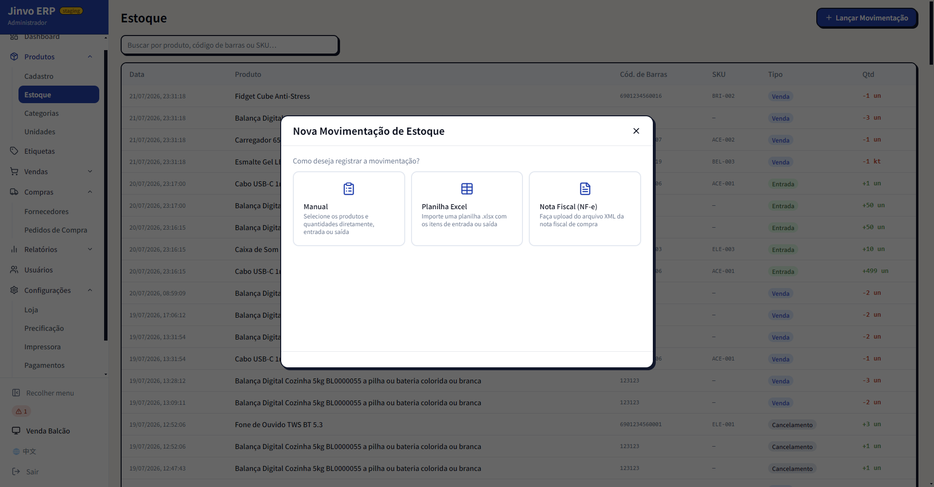 Tela de controle de estoque do Jinvo ERP