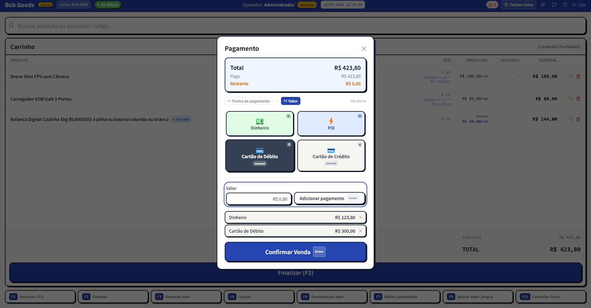Frente de caixa do Jinvo ERP funcionando offline