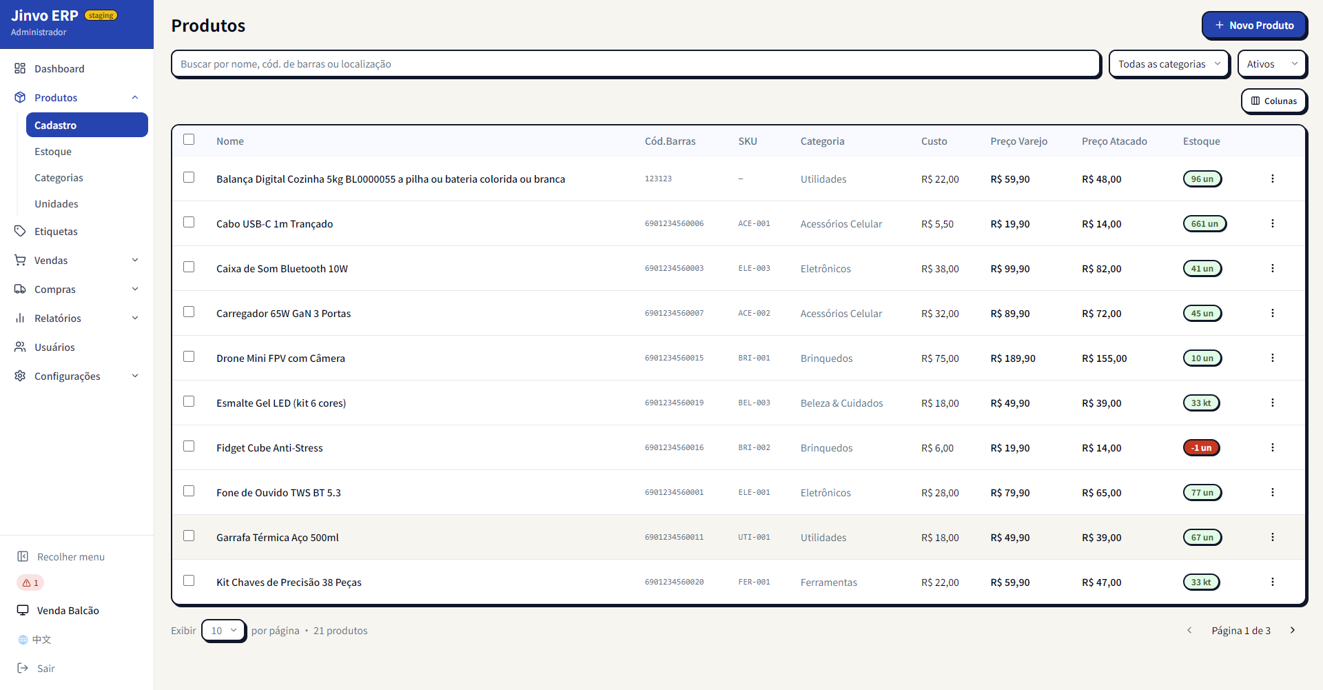 Catálogo de produtos de papelaria no Jinvo ERP